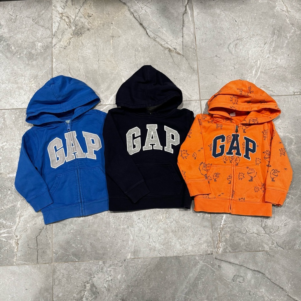 Baby GAP 5 3-5T Logo Zip Up Hoodie Sweatshirt 3 Pc Lot Boys Blue Navy Orange